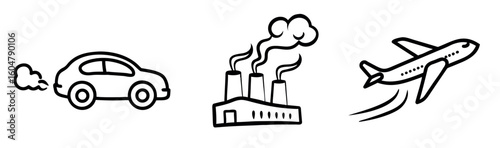 Pollution and Emissions Doodle Icons | Factories, Cars & CO2