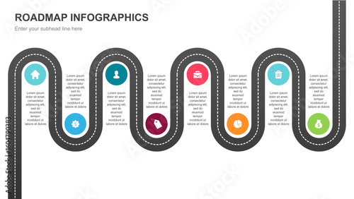 Highway roadmap with pins. Car road direction, gps route pin road trip navigation and roads business infographic vector illustration
