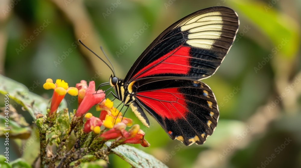 Obraz premium Close-up of a colorful butterfly feeding on a bright wildflower in a sunny meadow with soft natural green background, symbol of pollination and biodiversity in nature