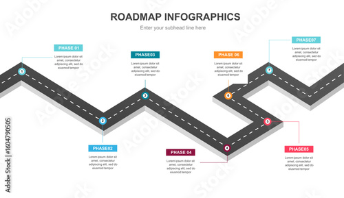 Highway roadmap with pins. Car road direction, gps route pin road trip navigation and roads business infographic vector illustration