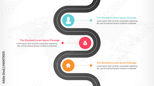 Highway roadmap with pins. Car road direction, gps route pin road trip navigation and roads business infographic vector illustration