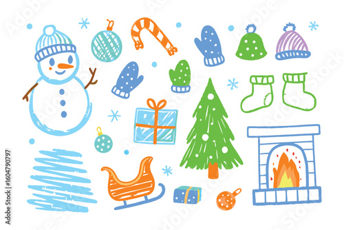 Festive Season Doodles: A collection of charming hand-drawn winter holiday doodles in crayon style, perfect for spreading seasonal cheer.
