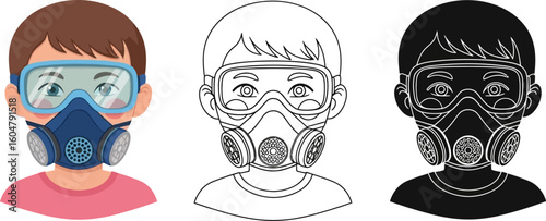 Illustration of boy wearing gas mask respirator protective gear safety drawing