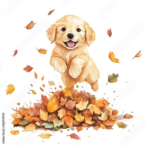 Watercolor Golden Retriever Puppy Leaping from Autumn Leaves Pile with Joy