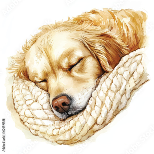 Watercolor Golden Retriever Puppy Curled Up Asleep on a Creamy Knitted Blanket