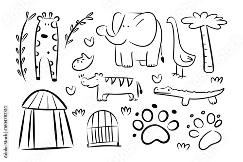 Jungle Animal Illustrations: A charming collection of sketched illustrations featuring various wild animals, all playfully arranged in a whimsical style, evokes a sense of adventure and creativity.