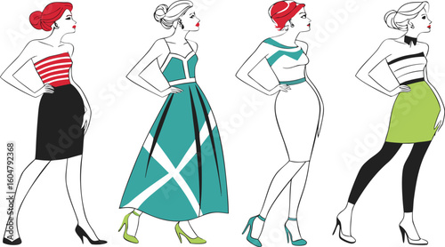 Stylish fashion models. Pretty young girls. Fashion girls Sketch. fashion vector illustration featuring five stylish female models posing confidently in different modern dresses.