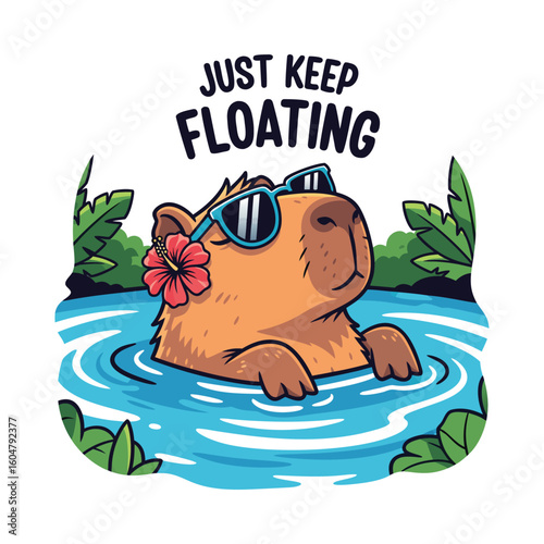 Capybara with sunglasses floating in water, humorous vector illustration