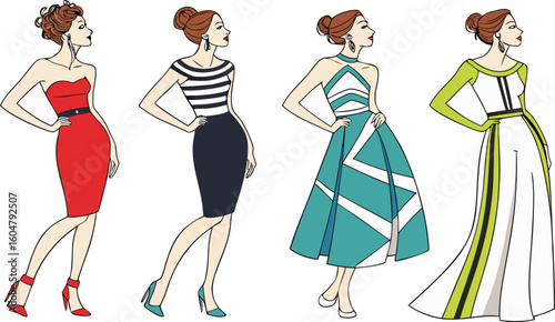 Stylish fashion models. Pretty young girls. Fashion girls Sketch. fashion vector illustration featuring five stylish female models posing confidently in different modern dresses.