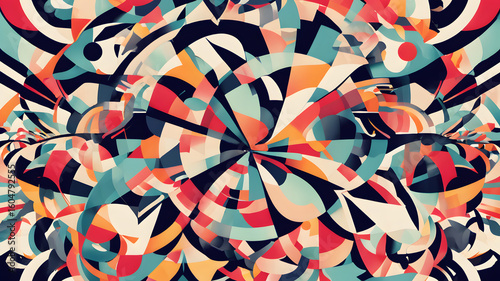 A vibrant abstract kaleidoscope of geometric shapes and swirling colorful patterns design art style