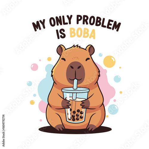 Cute capybara drinking boba vector illustration with text