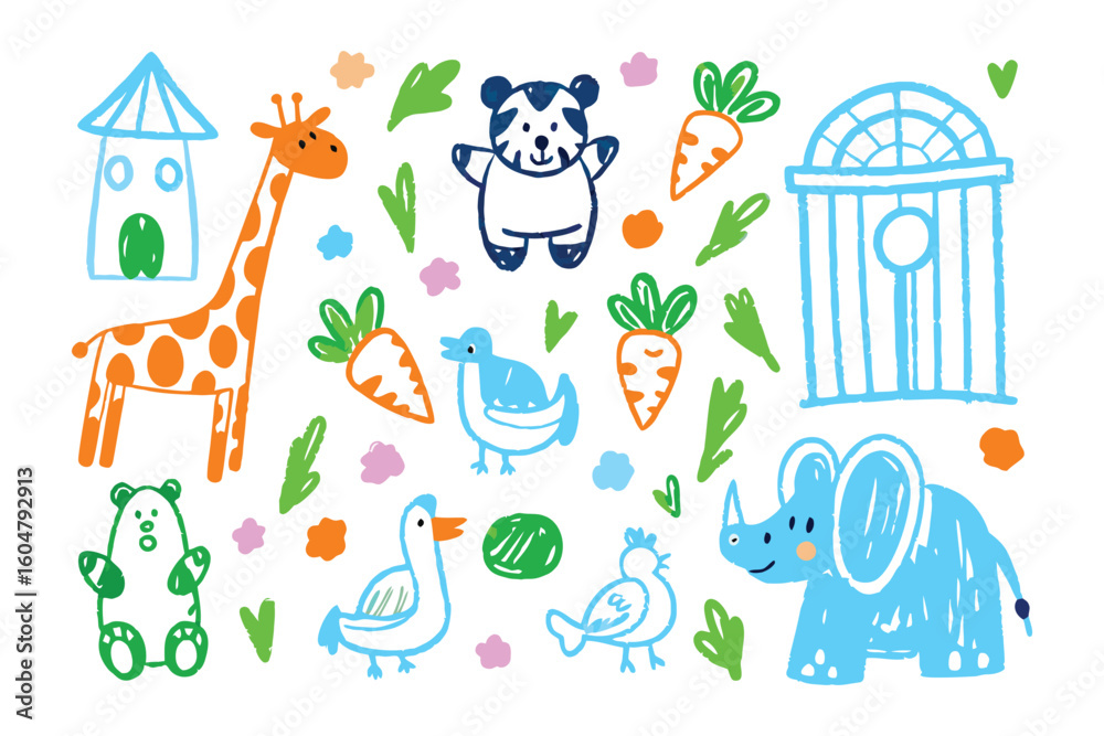 Fototapeta premium Playful Zoo Doodle: A cheerful illustration showcasing an adorable collection of hand-drawn zoo animals and elements. Capturing the spirit of whimsical delight.