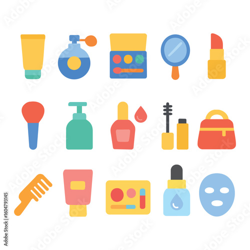 Cosmetics Icon Set. Includes skincare, lipstick, foundation, mascara, blush and more. Flat Vector icon collection. Vector Illustration.