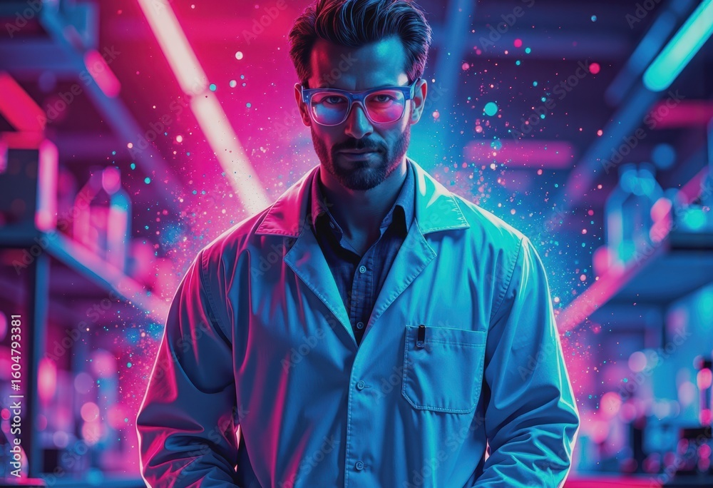 Obraz premium Materials scientist in a lab, developing innovative composites with vibrant lighting