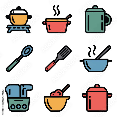 A collection of kitchen cooking pots, pans, and utensils, including spoons, spatulas, and bowls, displayed in a grid