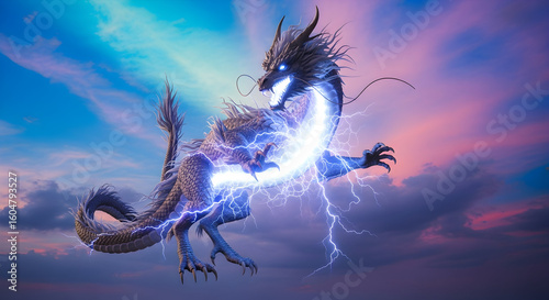 Powerful Digital Dragon with Electric Blue Light Against Dramatic Dusk Sky