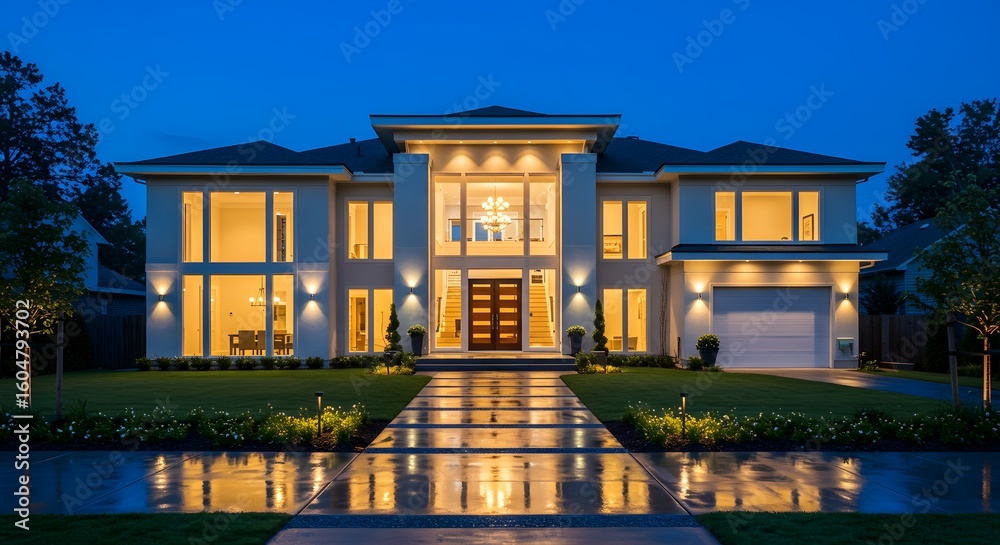 Fototapeta premium A luxurious modern house glows at dusk with a reflective walkway leading to its grand entrance