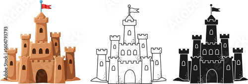 Sandcastle vector illustration set beach castle drawing outline silhouette art