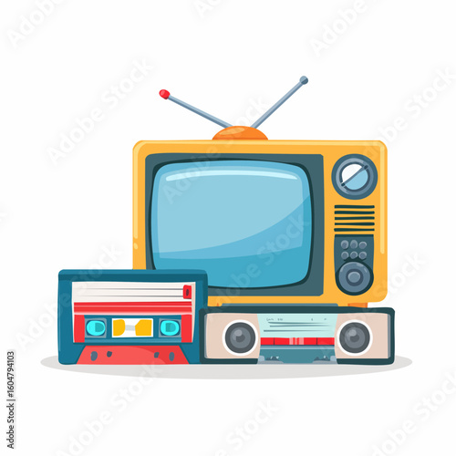 Retro Media Vector Illustration of Vintage TV, Cassette Player, and Radio