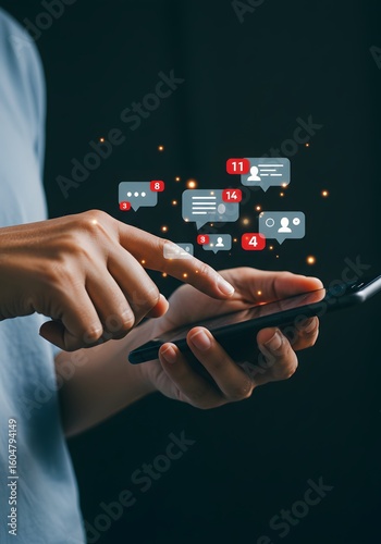 A person interacts with social media notifications and messages on a smartphone