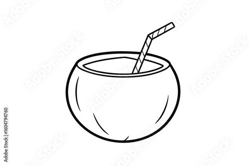 Coconut Water With Straw Cartoon Flat Style