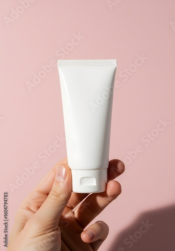 A hand holding a white tube of cream against a pink background showcasing the products packaging and design