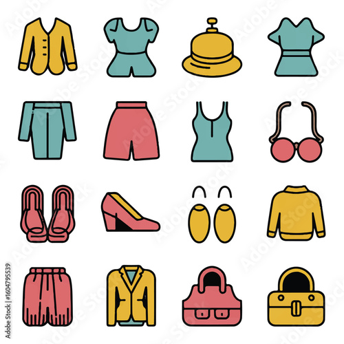 A comprehensive flat illustration showcases a wide array of clothing and fashion accessories, including outfits and individual items