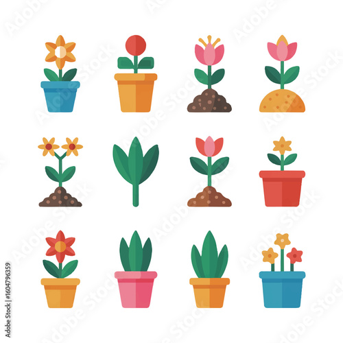 A diverse assortment of potted flowers and plants, showcasing different species and hues