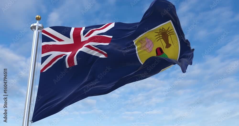 Turks and Caicos Islands flag with flagpole waving in wind, rolling clouds background looping, 4K video (Perfect Loop)