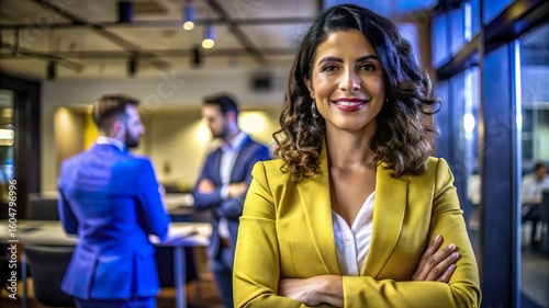 Young Indian Confident professional woman in yellow blazer leads business team in modern office environment