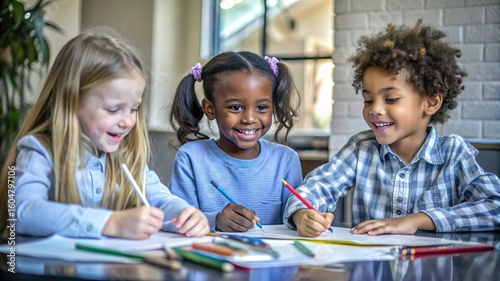 Three diverse young children happily engaged in drawing and coloring together at a table with art supplies spread out