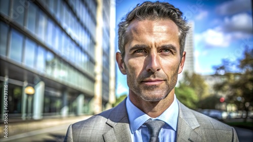 Confident businessman serious expression stands outdoors in front of modern office building