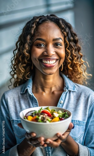 A smiling black woman with curly hair holds a bowl of fresh colorful salad promoting healthy eating and vibrant cuisine