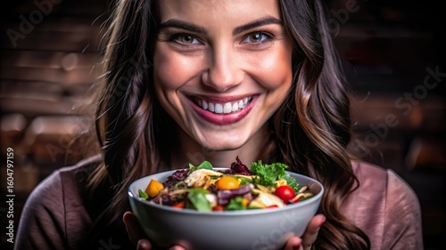 A joyful woman with a bright smile proudly presents a colorful and healthy bowl of fresh salad