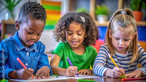 Three diverse young children happily engaged in drawing and coloring activities together at a table in a classroom setting