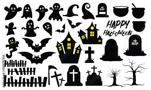 Set of Halloween character silhouettes black icon. Big horror set of creepy and spooky elements silhouettes of Halloween on a white background. Vector illustration