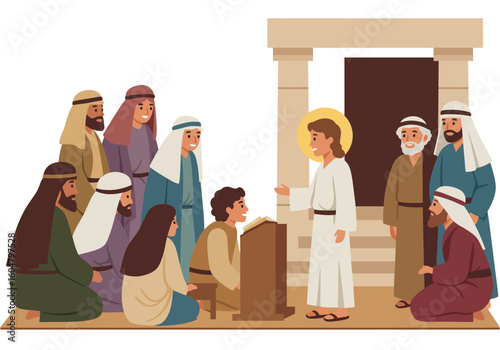 Jesus Christ Teaching Followers Wearing White Robe Halo and Smiling.