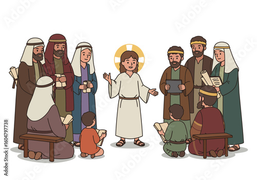 Jesus Christ Teaching Disciples and Children in a Group Setting.