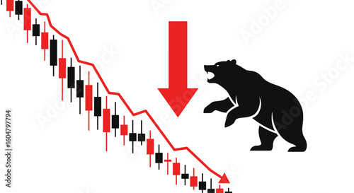 A graphic illustration depicts a stock market downturn with a downward-trending chart, a red arrow, and a menacing bear symbol representing economic decline.