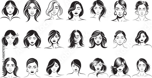 Collection of Woman Faces with Various Hairstyles Silhouette