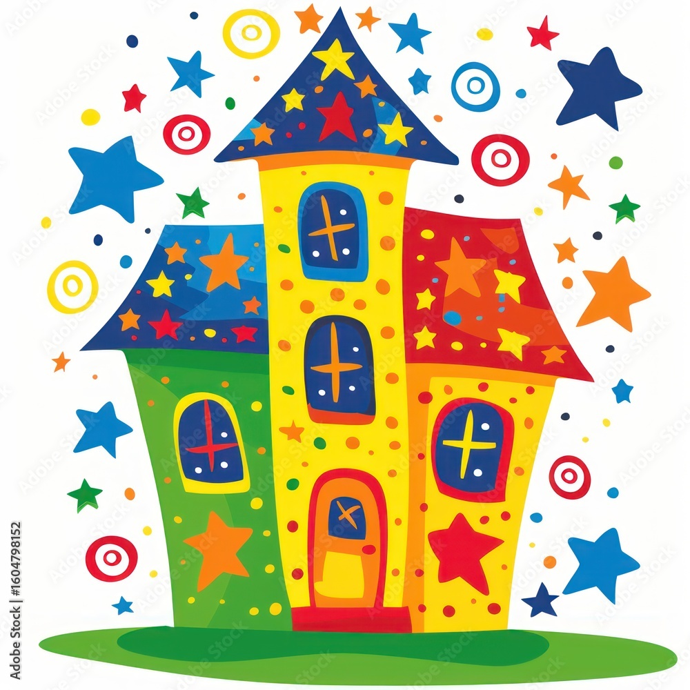 Fototapeta premium Colorful whimsical cartoon house with stars and circles