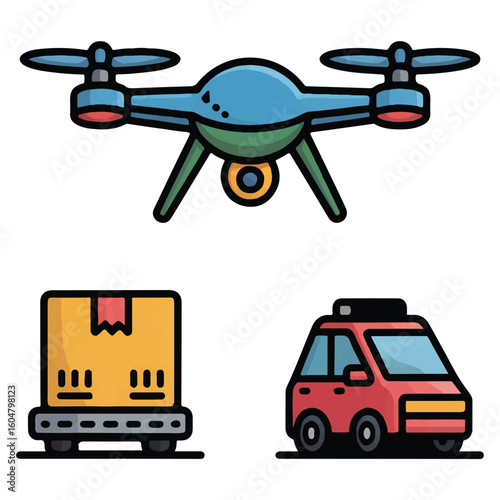 A drone hovering over a package and a delivery van, symbolizing efficient delivery