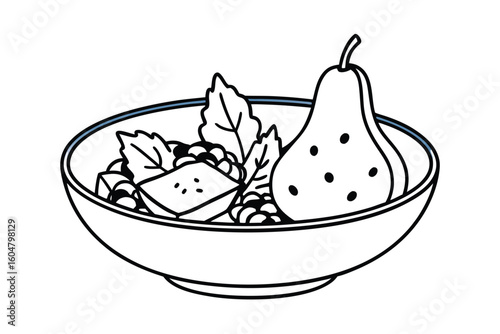 Bowl Of Salad With Poached Pear Blue Cheese And Walnuts