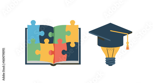Creative education concept with book puzzle and graduation cap lightbulb for ideas