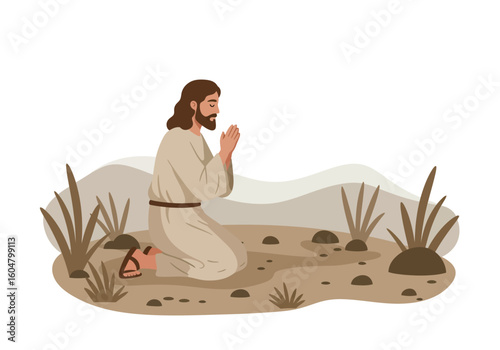 Jesus Kneeling in Prayer Desert Landscape Beige Robe.