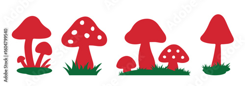 Silhouette mushrooms collection. Cartoon vector mushrooms clipart, doodle icon set. Mushroom and toadstool collection. Vector illustration.