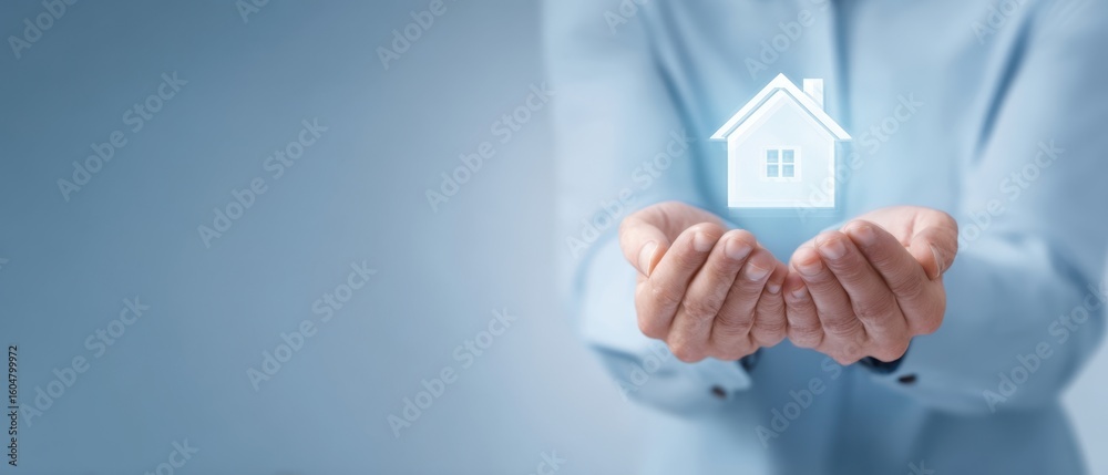 The hands holding a holographic house symbolizing real estate investment opportunities. The hands holding a holographic house symbolizing real estate investment opportunities.