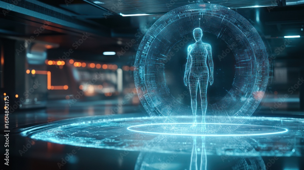 Obraz premium Ethereal female figure suspended in digital rings inside a high-tech environment