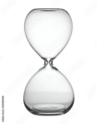 Modern transparent hourglass timer made of clear glass with sleek design on isolated background