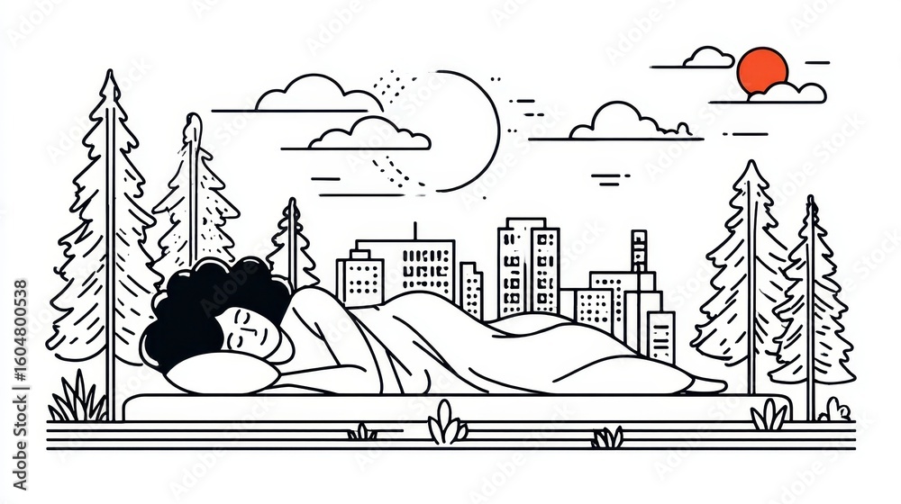 Naklejka premium Illustration of a person sleeping peacefully under a blanket, with a city skyline and trees in the background under the moon